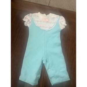 Vintage Health-tex Baby Girl Romper Teal Blue Floral Pointelle Lace 3 Months USA
